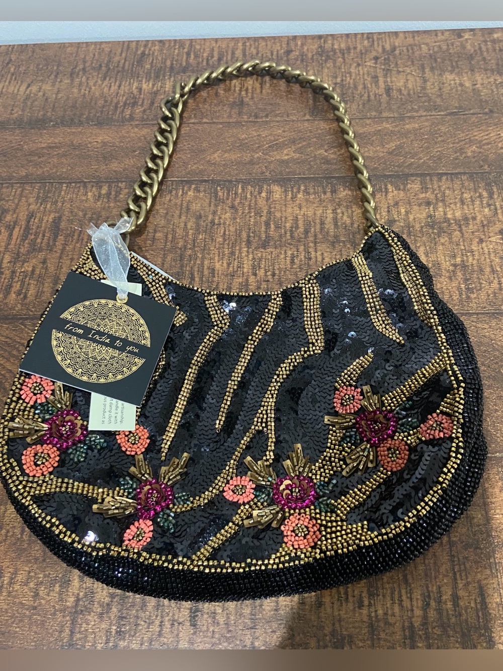 From India to You Beaded Sequenced Floral Black Shoulder Bag Chain Handle
